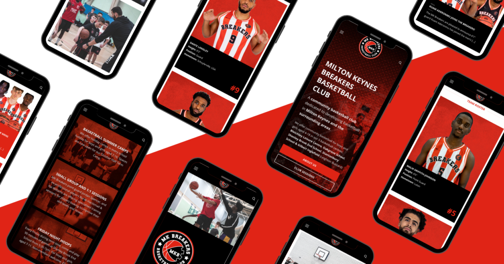 Shows multiple phone screens that are displaying the Milton Keynes basketball website developed by Visual Identity.